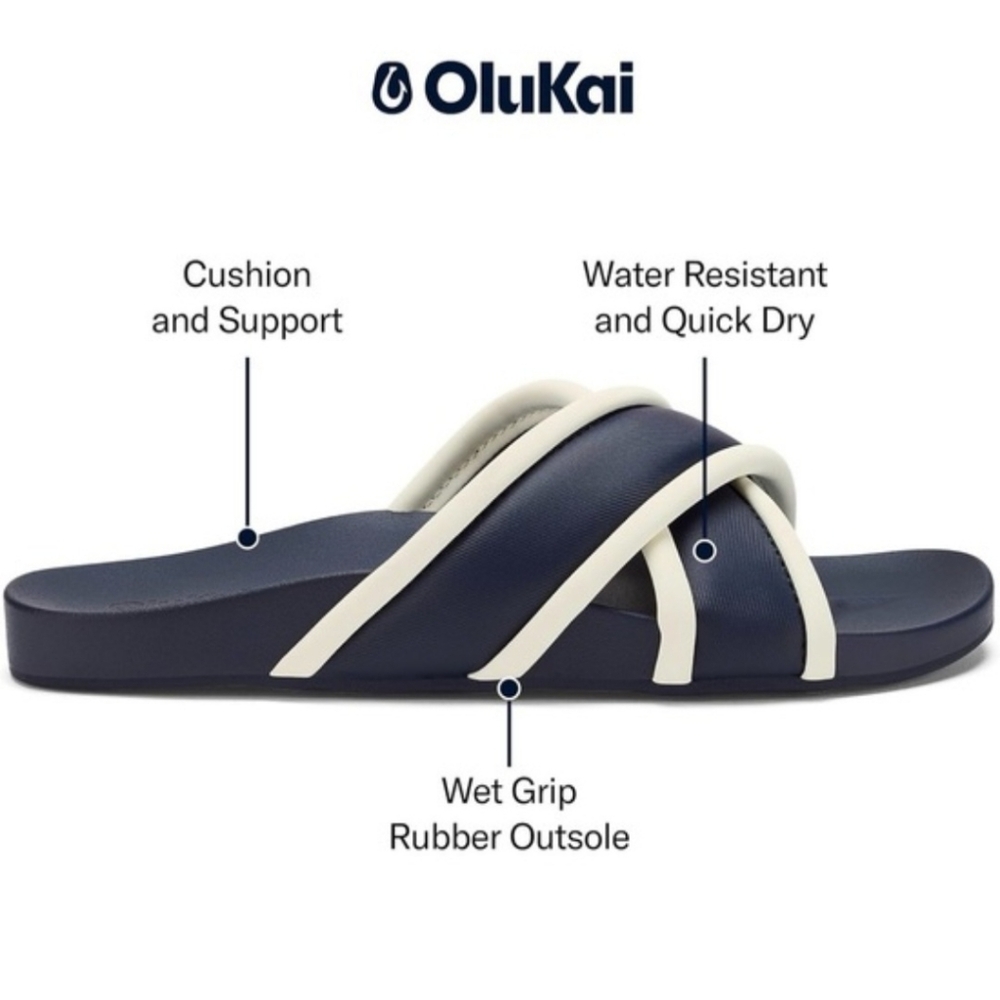 OluKai Navy and Cream Cross-Strap Slide Sandal